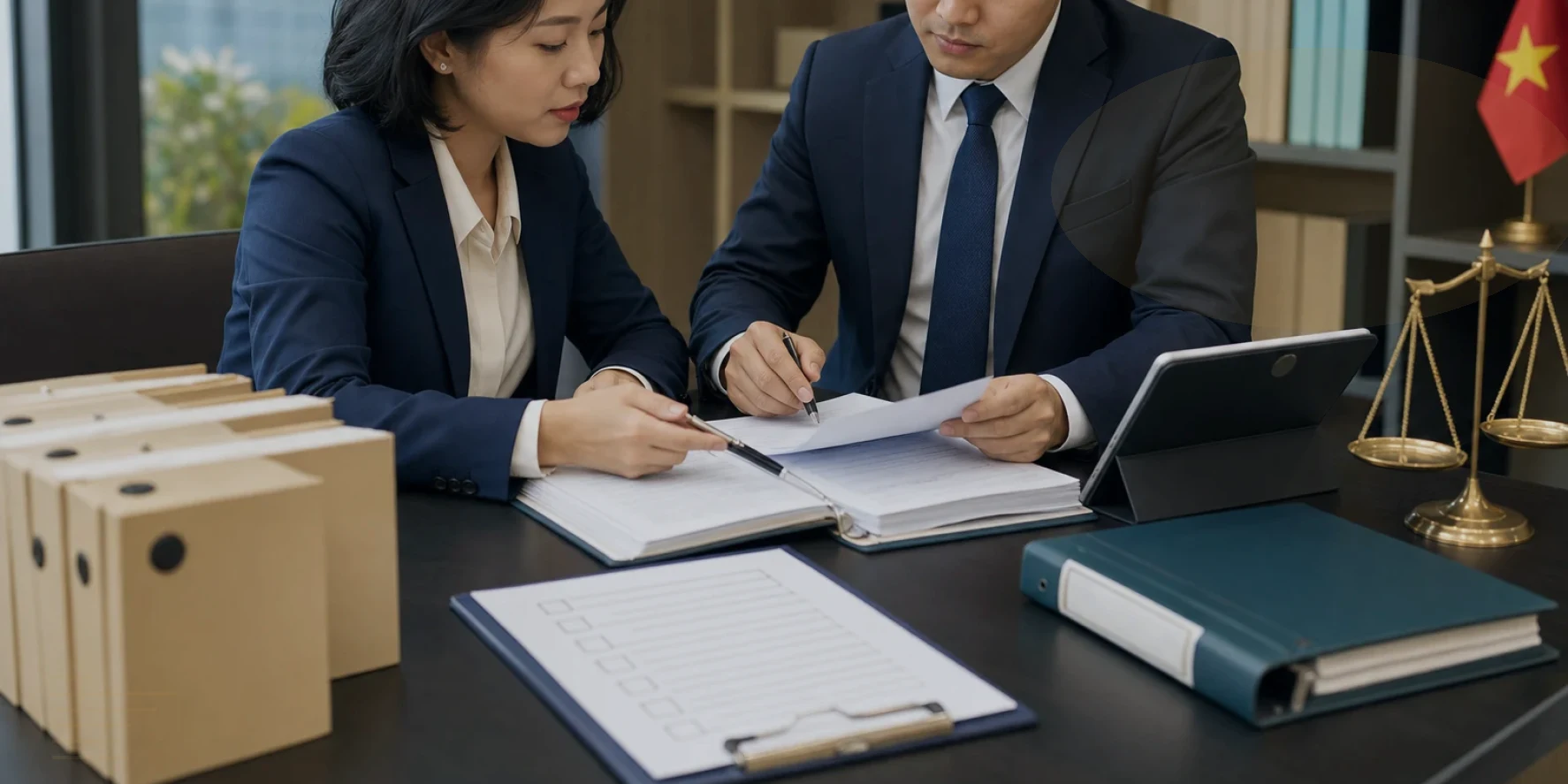 The legal team compare source records and annotate the first risk findings for contract lawyer Vietnam